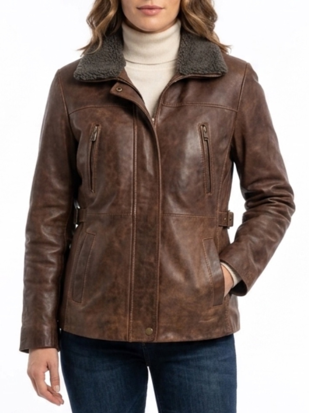 Cruze size XL Brown Leather Shearling Collar Jacket for Women coat